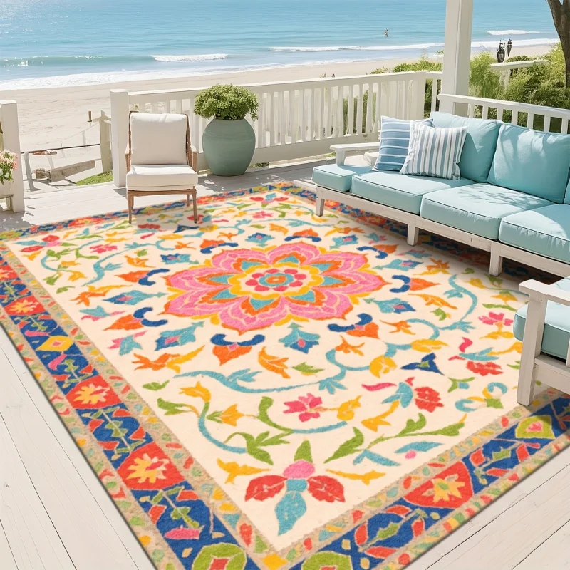 VIKAMA Colorful Floral Medallion Print Outdoor Area Rug Waterproof Non Slip Carpet for Patio Balcony Bohemian Home Decor Mat