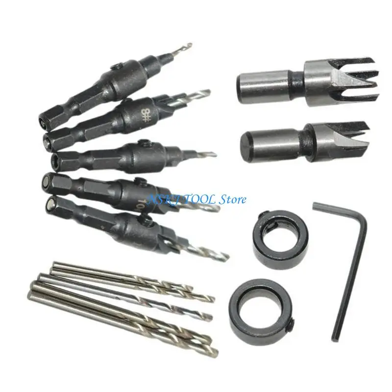 

L8RC Carbon Steel 15Piece Drill and Countersink Set with Hexagonal Key Suitable for DIYer Projects Craftsmen Carpenters