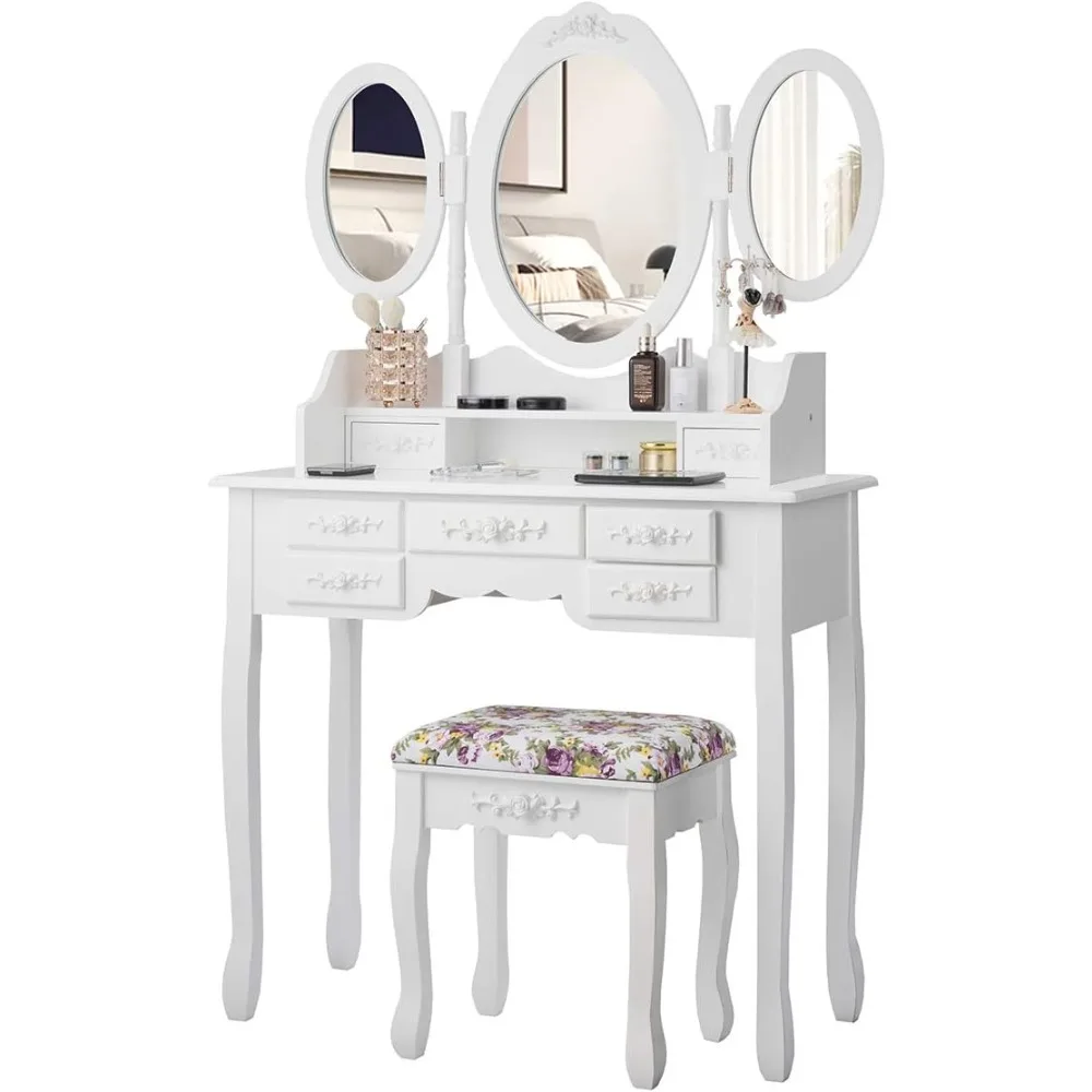 Vanity Set met drie opvouwbare spiegel en gedempte kruk, kaptafel met 7 lades en plank, antieke make-uptafel met re