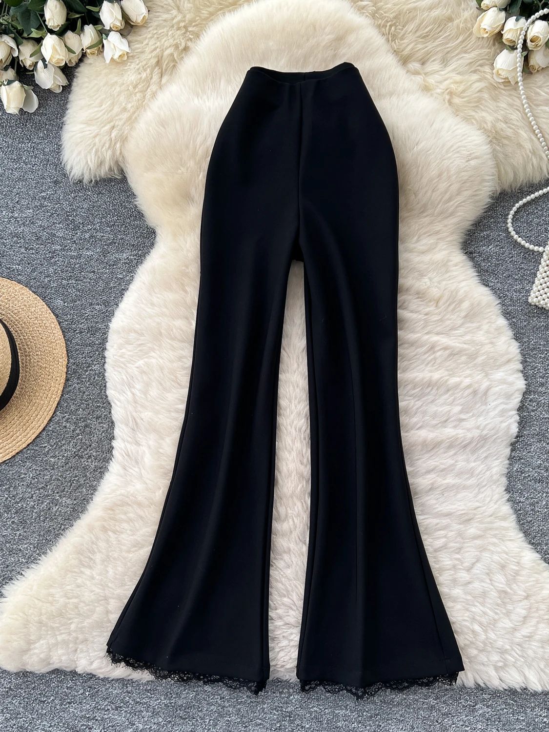 Commute Style Fake Two-Piece Belted Flared Pants High Waist Slimming Black Casual Long Trousers for Women Autumn 2026