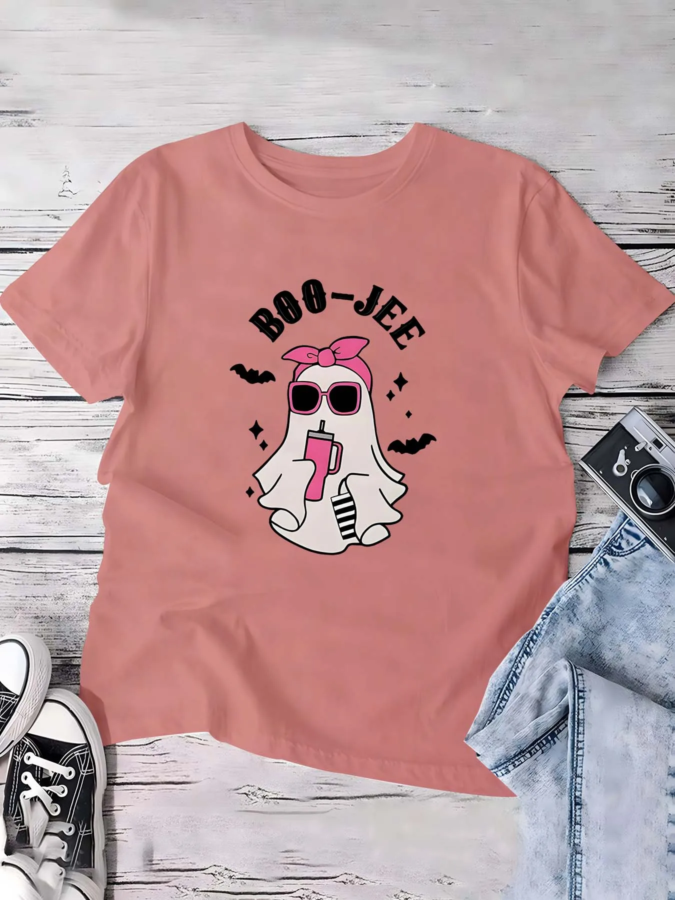 

Plus Size Halloween Boo - Jee Ghost Graphic Top Showcasing Trendy Spooky Chic With Stylish Accessorized Ghost Motif