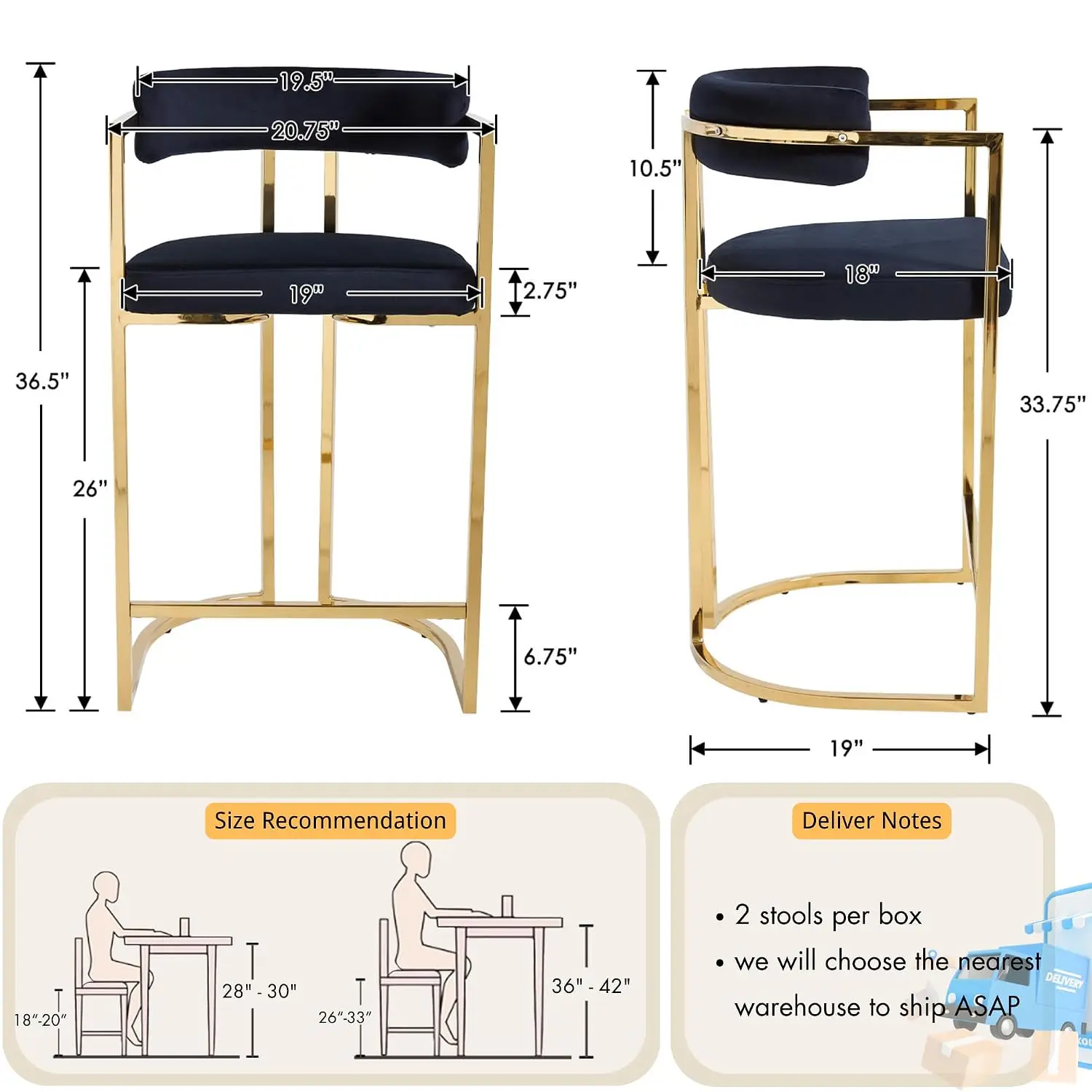 Velvet Bar Stools 4pc, 26" Barrel Counter Height Stool with Gold Legs Low Back Chair for Kitchen Cafe Pub Black, Customized - view 2