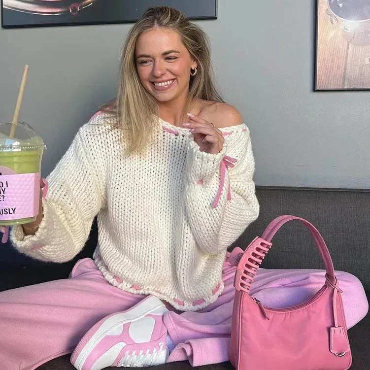 

Autumn Winter New Lace Up Knitted Sweater Women Y2K Long Sleeved Pullover Sweaters Female Fashionable Loose Knitwear Tops