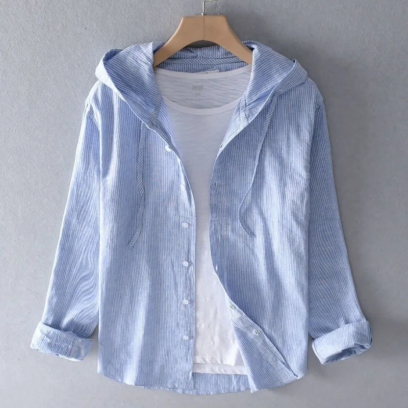 Autumn New Hooded Long-sleeve Solid Color Linen Shirt, Men's Thin Loose Solid Color Youth Cotton-linen Shirt, Fashionable