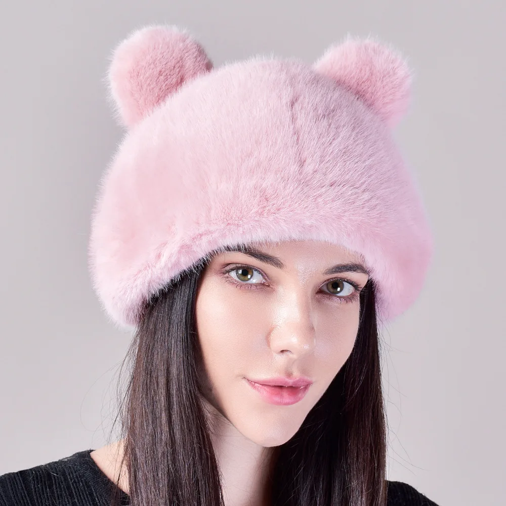 Winter Women\'s Bear Plush Hat Cute Thickened Warm Imitation Mink Hat Cold Protective Ear Cap Fashion Fur Hat Cat Ears Cotton Cap