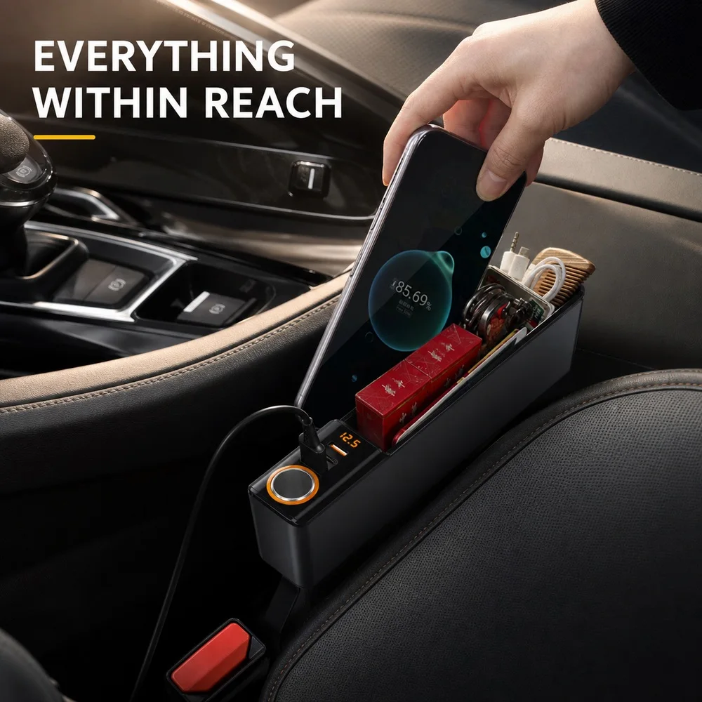 Car Seat Gap Organizer with USB-C USB-A 12V Socket Voltage Display Storage Box Universal Interior Accessory for Most Cars & SUVs