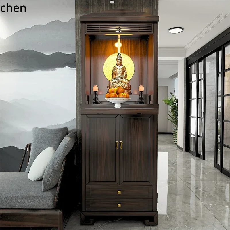 HT Standing Cabinet Buddha Modern God of Wealth Guanyin Worship Cabinet Black Walnut Wood Altar Cabinet