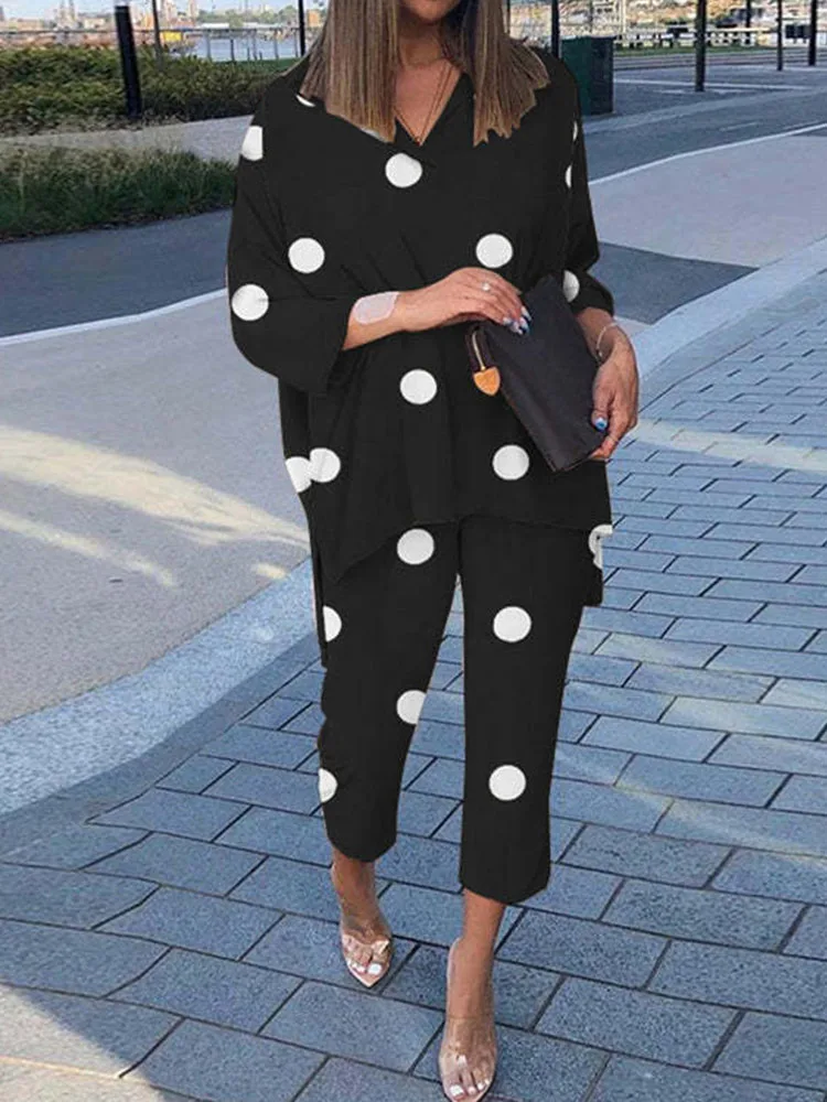 Solid Cotton Linen Trousers Loose Suit Retro Polka Dot Two Piece Sets Fashion V-neck Long Sleeve Blouse & Wide Leg Pants Outfits