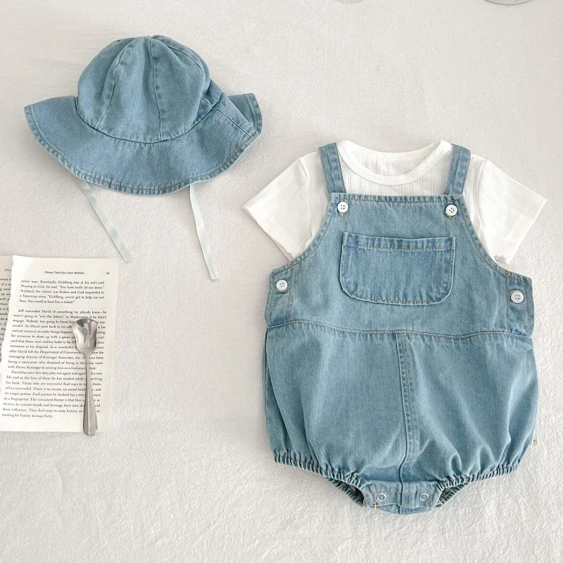 

Summer denim boys' suspender pants solid color triangle baby girl Romper+hat casual outdoor set baby clothes 0-3 years old