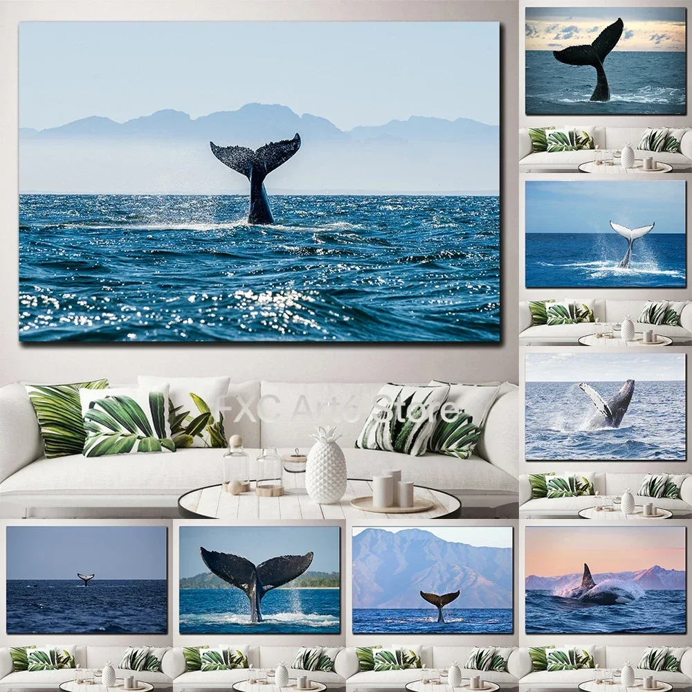 1PCS Frameless Natural Blue Whale Fish Tail Canvas Painting Wall Art Seascape Animal Killer Whale Posters and Prints for Living