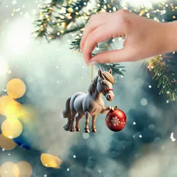 Adornos colgantes de acrílico para árbol de Navidad, decoración navideña 2D, caballo de dibujos animados, pisar, bola de Navidad, accesorios colgantes