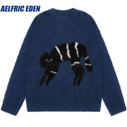 Aelfric Eden Funny Cat Fluffy Fuzzy Pullover Jumper Harajuku Cat Knitted Sweater Y2K Hip Hop Streetwear 2023 Men Loose Sweaters