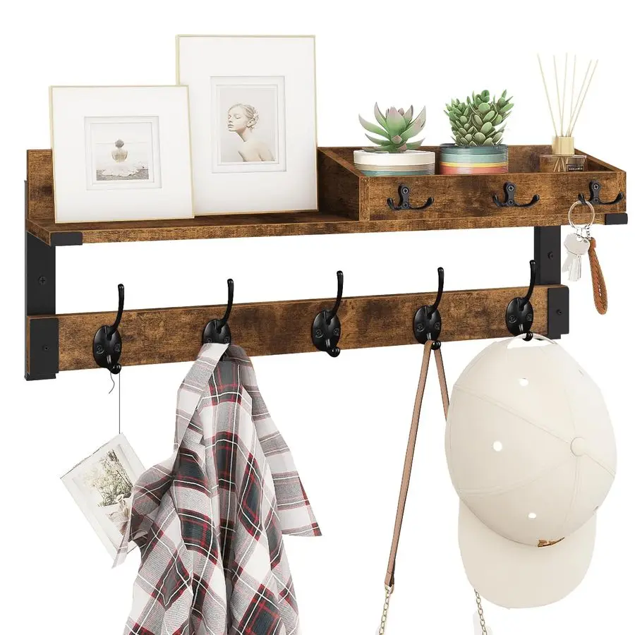 

Coat Rack with Shelf, Wall Shelf with Hooks, 26 Inch Long Coat Hanger Wall Mount with Key and Mail Holder, Wood Entryway Shelves
