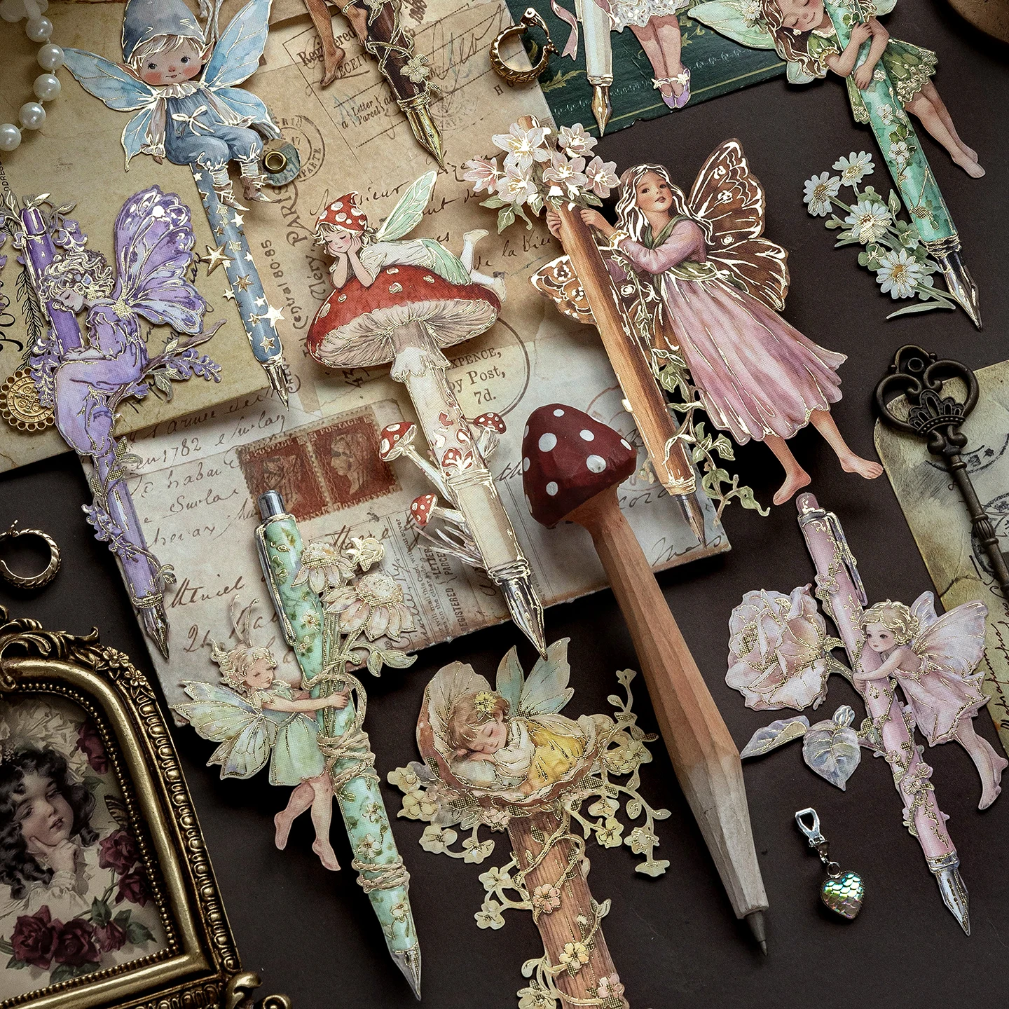 Magic Key Stickers with High Aesthetic Value, Cute Cat and Elf Vintage Style, DIY Hard Cardstock Bookmarks