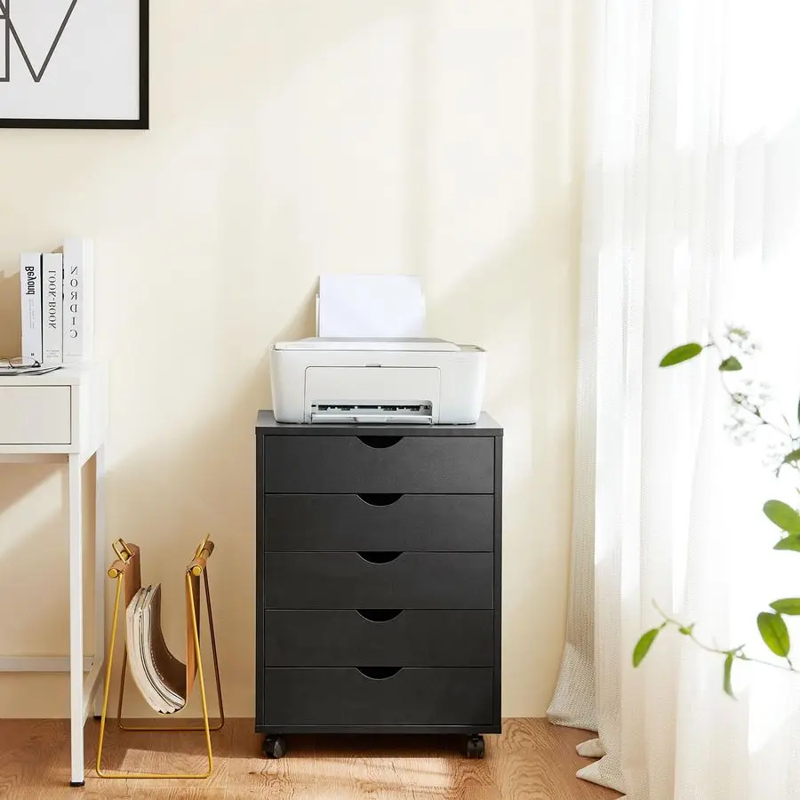 Komoda z 5 szufladami, mobilna szafka do przechowywania, mała drewniana komoda na kółkach, meble do organizacji pomieszczeń, do biura, domu, czarne drewno