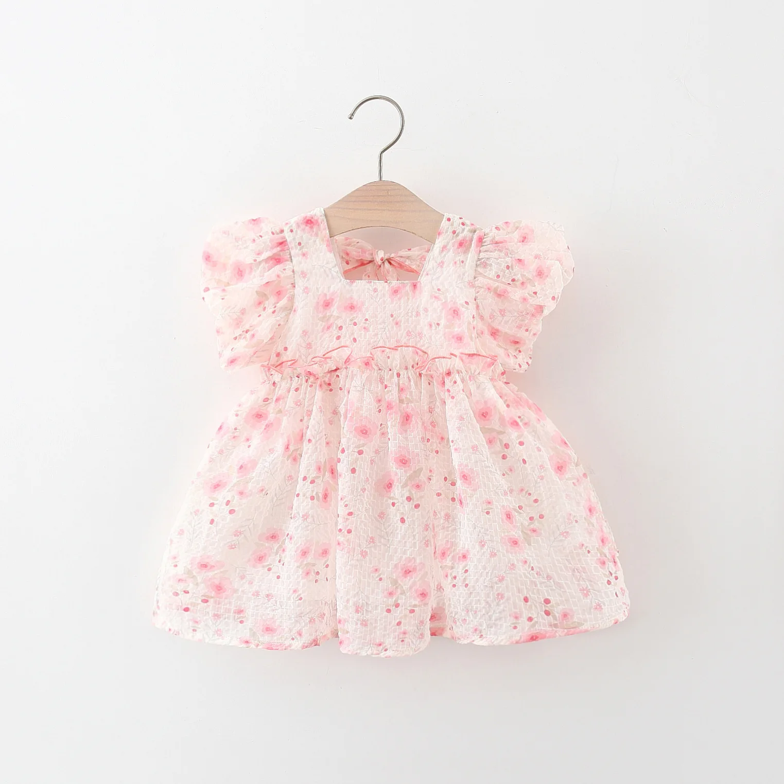 Summer New Baby Girls Dress Square Collar Puffed Sleeve Flower Floral Dress Sweet Princess Dress Birthday Party Team Dress