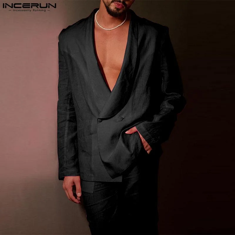 INCERUN Men Solid Color Pant Sets Csual 2PCS outfits Long Sleeve Tops Elastic Waist Pocket Pant Suits Sexy Elegant Loose Suits