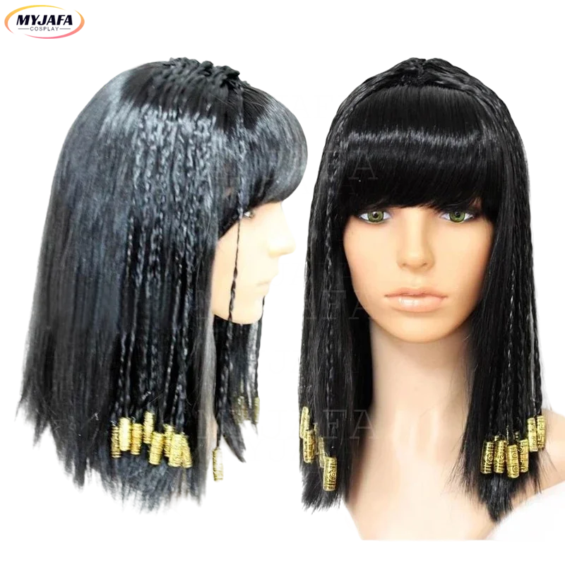 Cleopatra Cosplay Wig Ancient Egypt Queen Cosplay Vintage Braided Black Hair Gold Balls Decoration Halloween Party Wigs  +WigCap