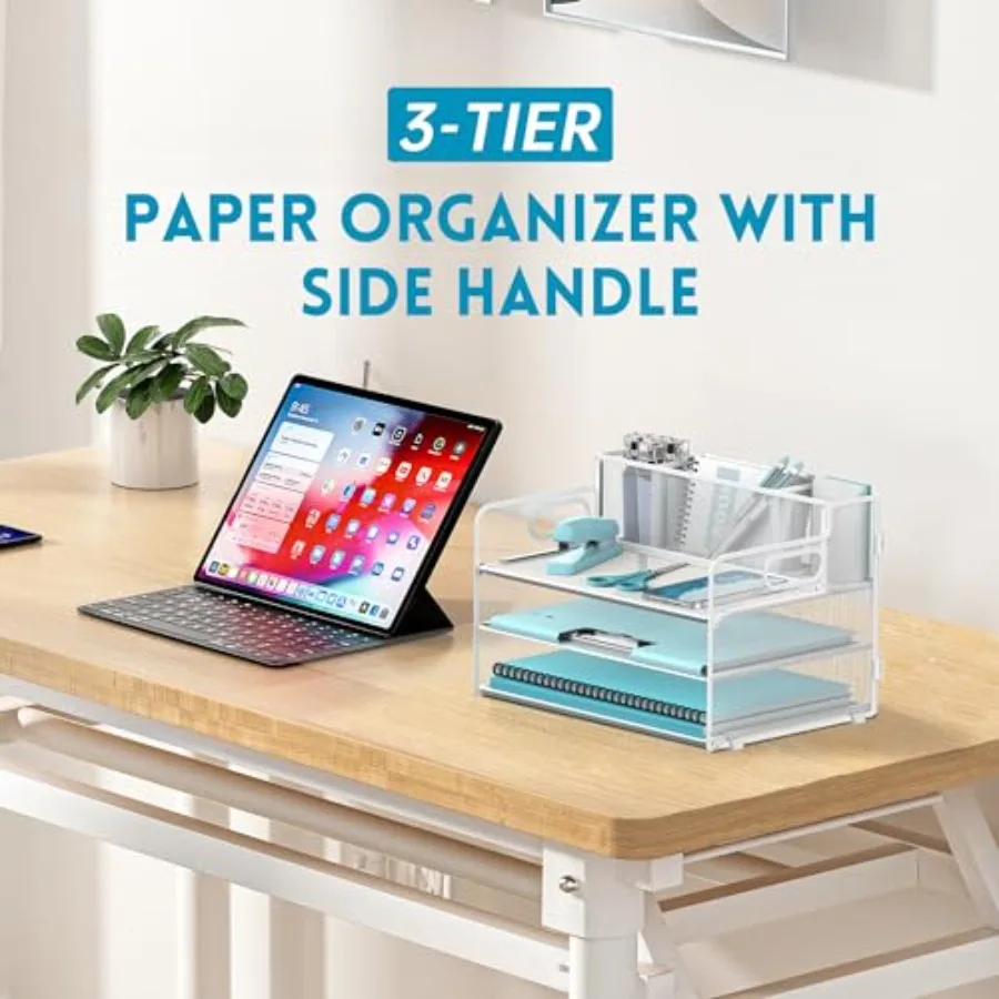 3 Tier Desk Organizer with Pen Holder Mesh Paper Trays and Handle White White paper organizer with 3 paper trays, a pen holder