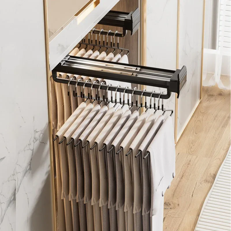 Wardrobe Clothing Holders Trousers Racks Cabinet Clothes Storage Rack Telescopic Pants Shelves Push-pull Damping Rack