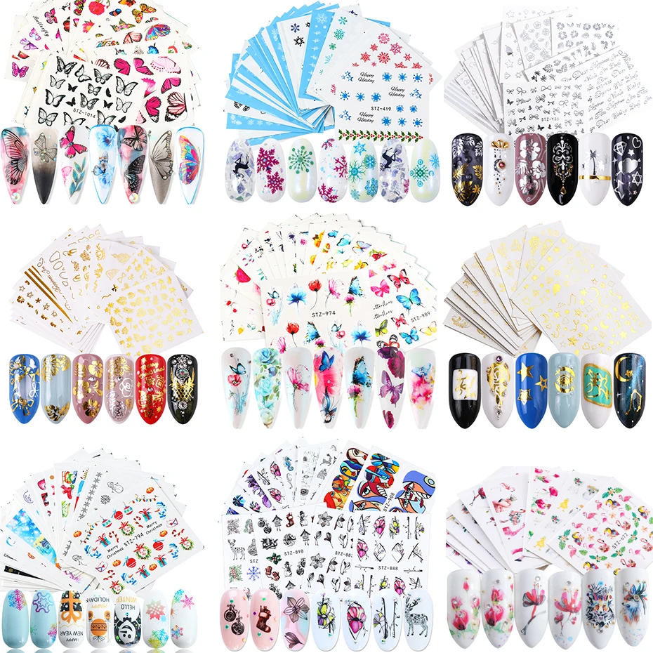 1 Set Mixed Design Nail stickers Set Flowers Leaves Butterfly Snowflakes Water Transfer Decal Slider Nail Art Accessories Foils