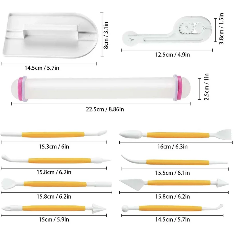 11pcs Fondant Tools Set Cake Decorating Kit with Smoother Sculpting Pen Rolling Pin Rolling Cutter Home Baking Supplies JXB