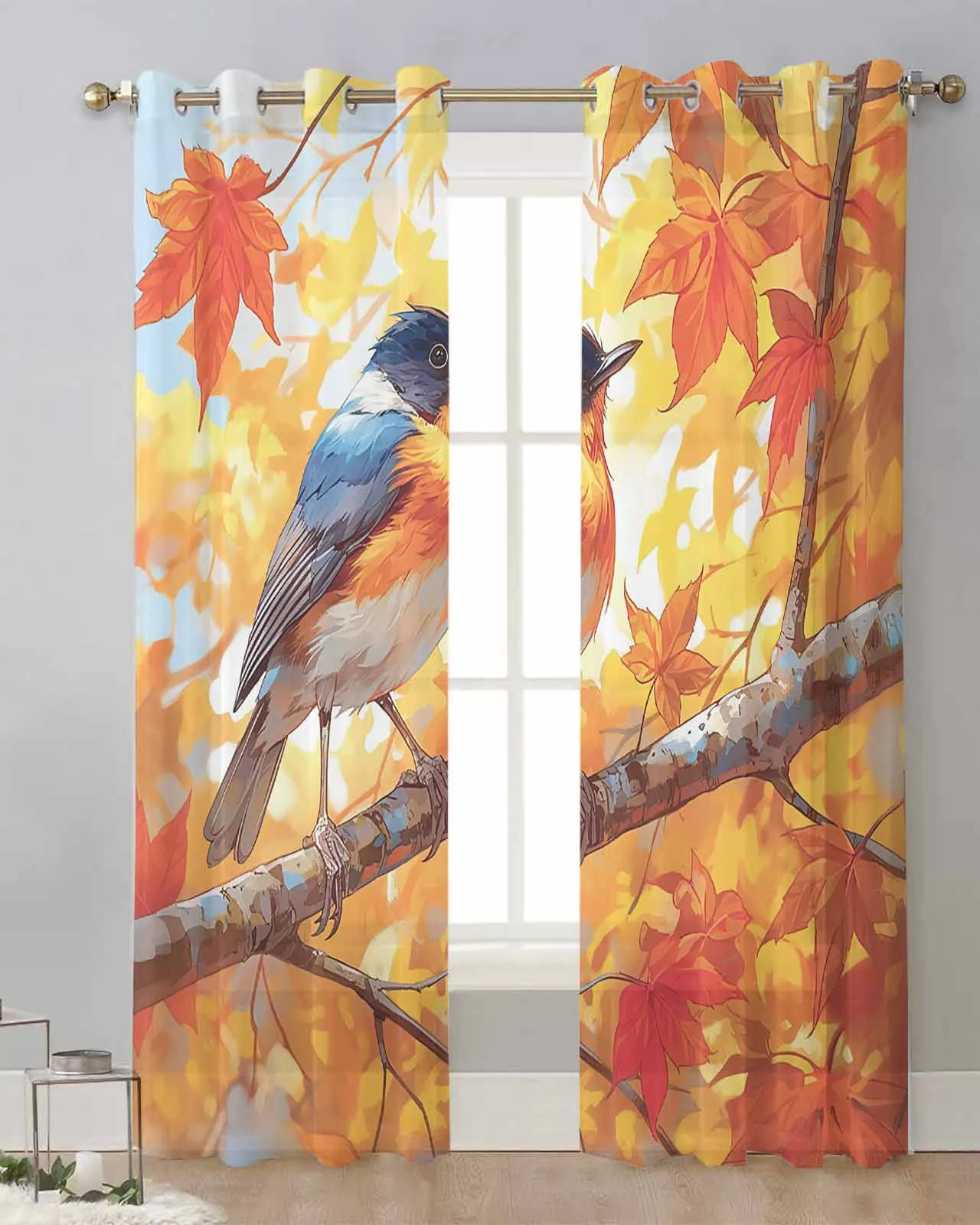 

Autumn Maple Leaf Bird Blue Sky Season Voile Curtain Window Treatment Drapes Tulle Curtains for Living Room Sheer Curtains