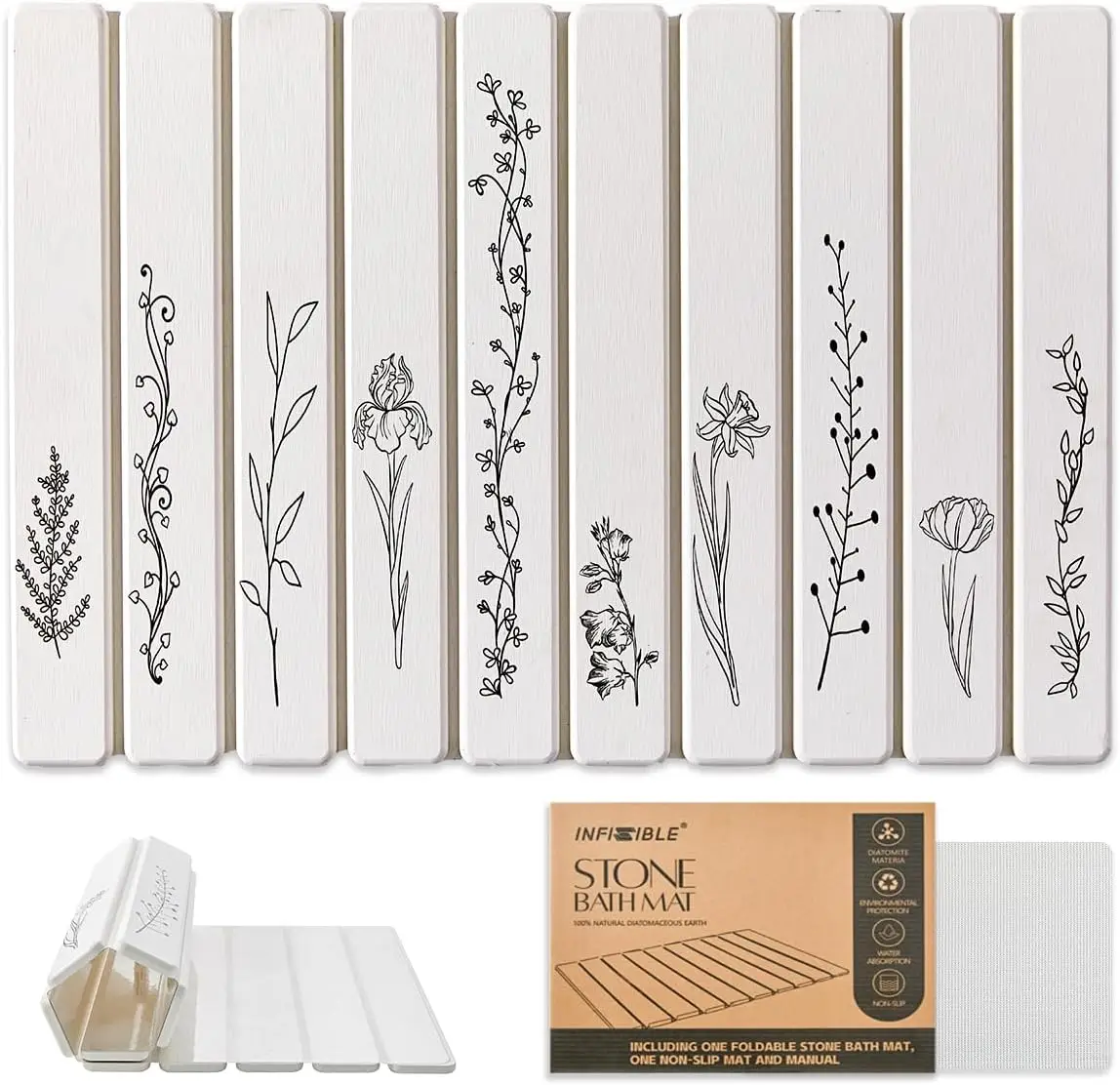 

Складной каменный коврик для ванной, супервпитывающий, быстросохнущий, нескользящий, для ванной комнаты и кухни, с черным цветочным декором