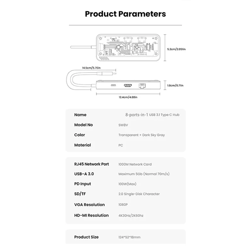 USB C Hub 8 في 1 Type-C 3.1 إلى 4K محول 5GB RJ45 SD/TF قارئ بطاقات محور السماء الداكنة رمادي وشفاف USB 3.0 100W PD لأجهزة الكمبيوتر المحمولة
