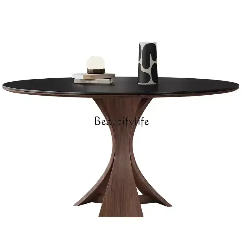 Medieval style round solid wood dining table household small apartment rock slab black French retro modern simple