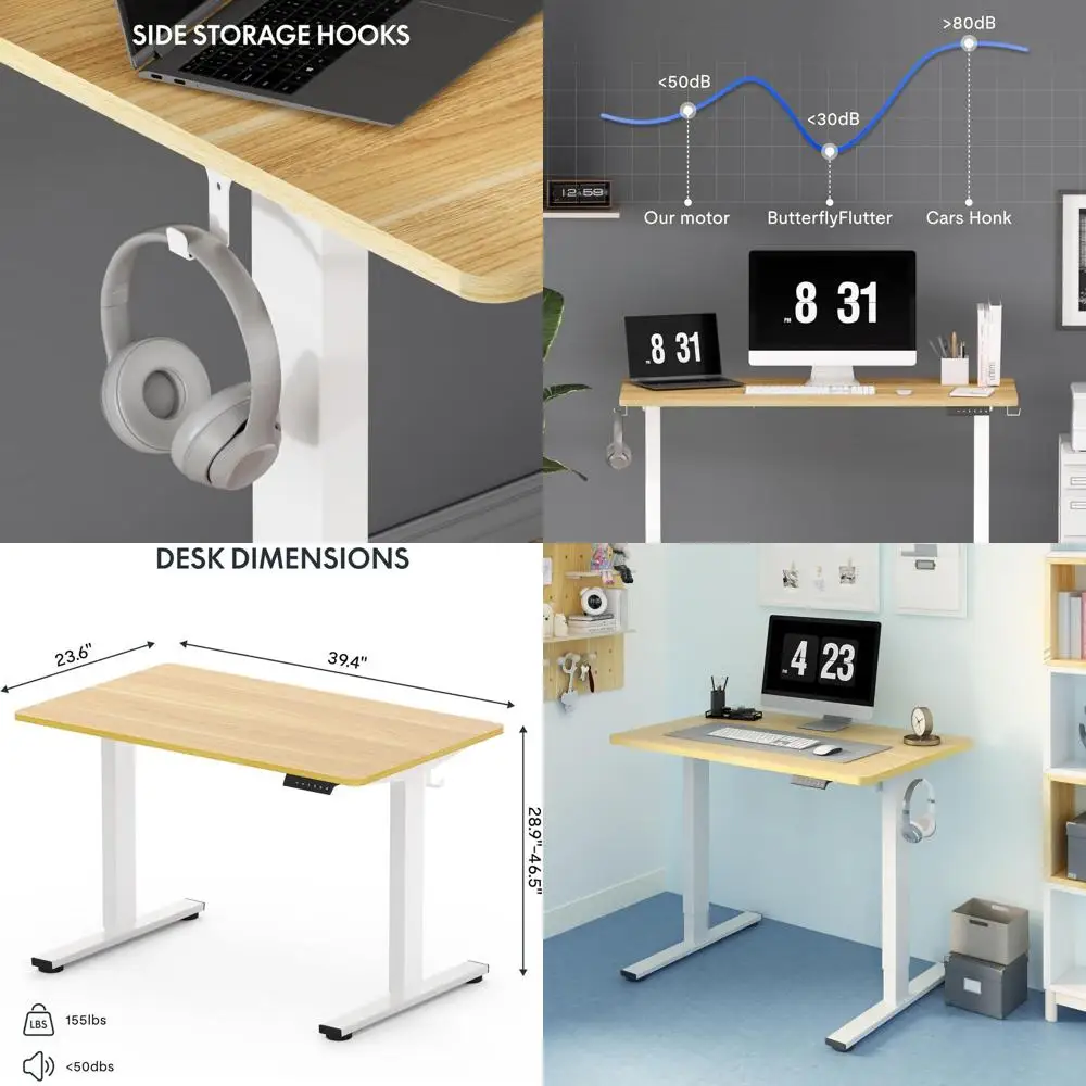 Electric Height-Adjustable Desk, 40 x 24, Sit-Stand Desk, White Frame & Maple Top for Home Office & Computer Workstation