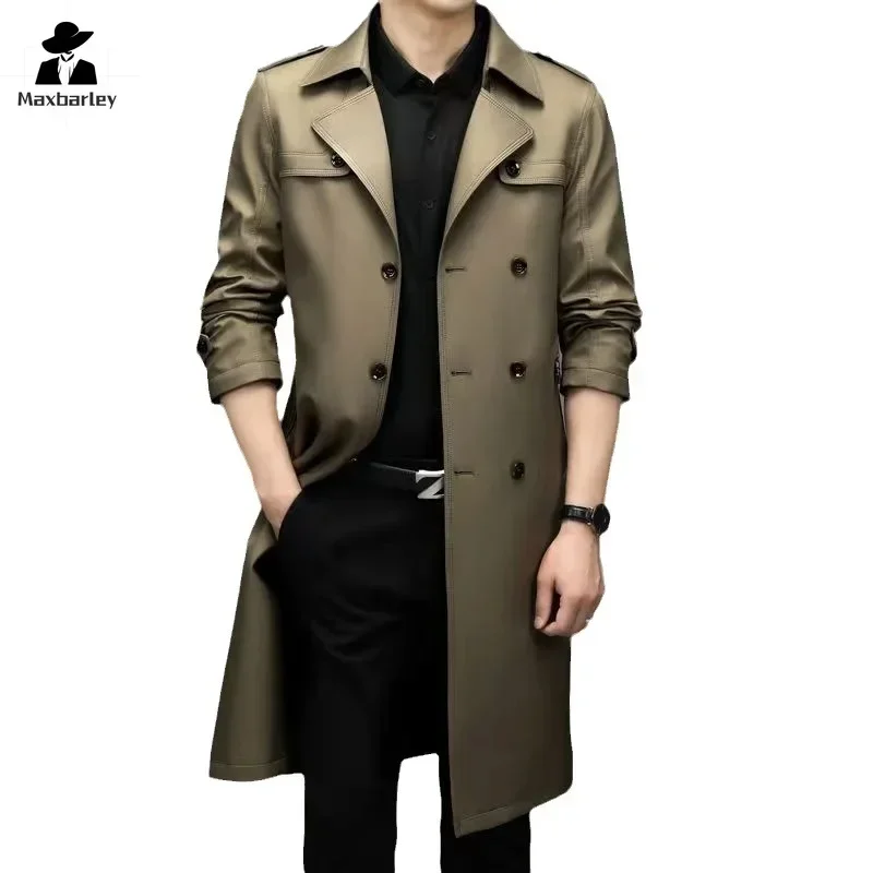 High-end Business Windbreaker Men's 2024 Autumn Vintage Khaki Double-breasted Trench Fashion Clothing Long Over-the-knee Jacket