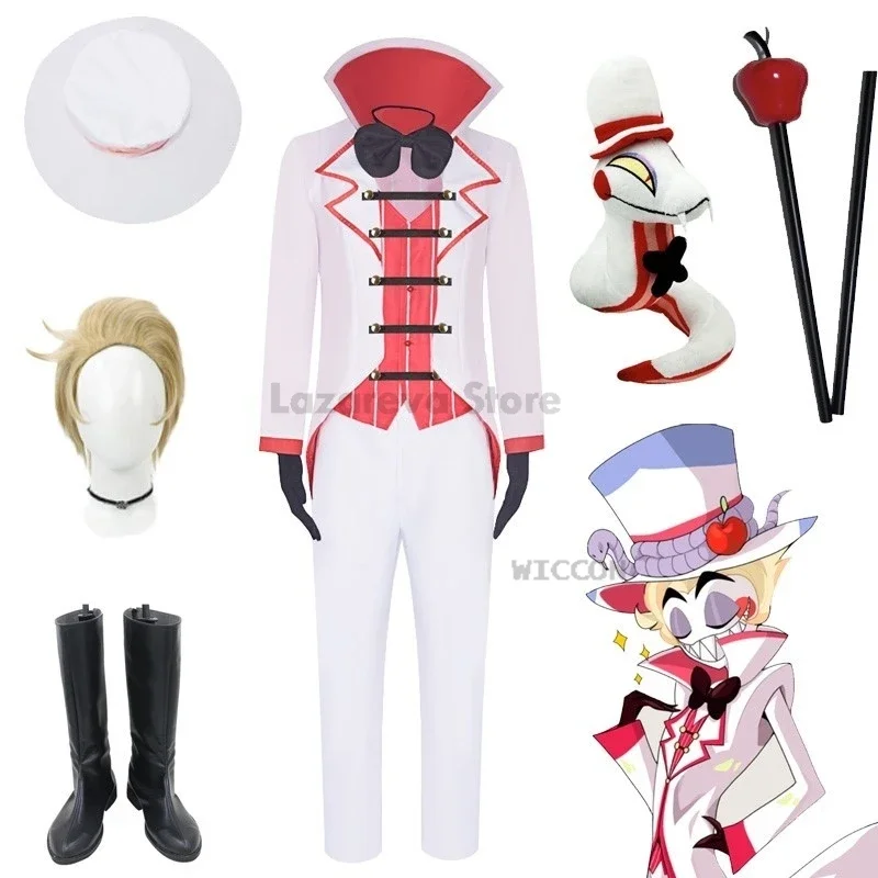 Hazbin Lucifer Morningstar Cosplay Hotel Costume Wig Cane Boots Anime Cosplay Prop Clothes Halloween Party Devil Hazubin Suit