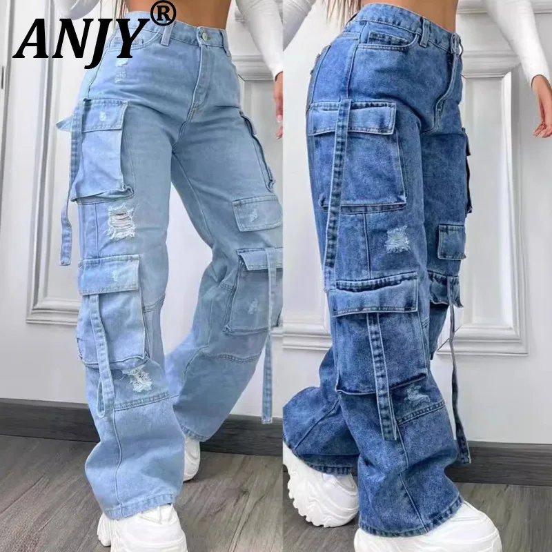 

ANJY осень-зима новые женские модные универсальные джинсы-карго High Street модные рваные повседневные джинсовые брюки с несколькими карманами A13915