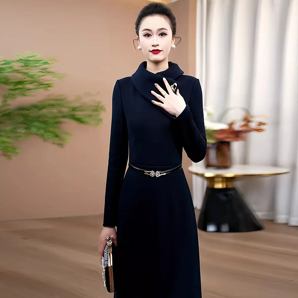 Nowa Elegancka Asymetryczna Długa Sukienka Damska Jesienno-Zimowa Modna Sukienka ze Stójką, Wysokim Stanem, Aksamitną Podszewką, Dopasowana Sukienka w Kolorze Granatowym