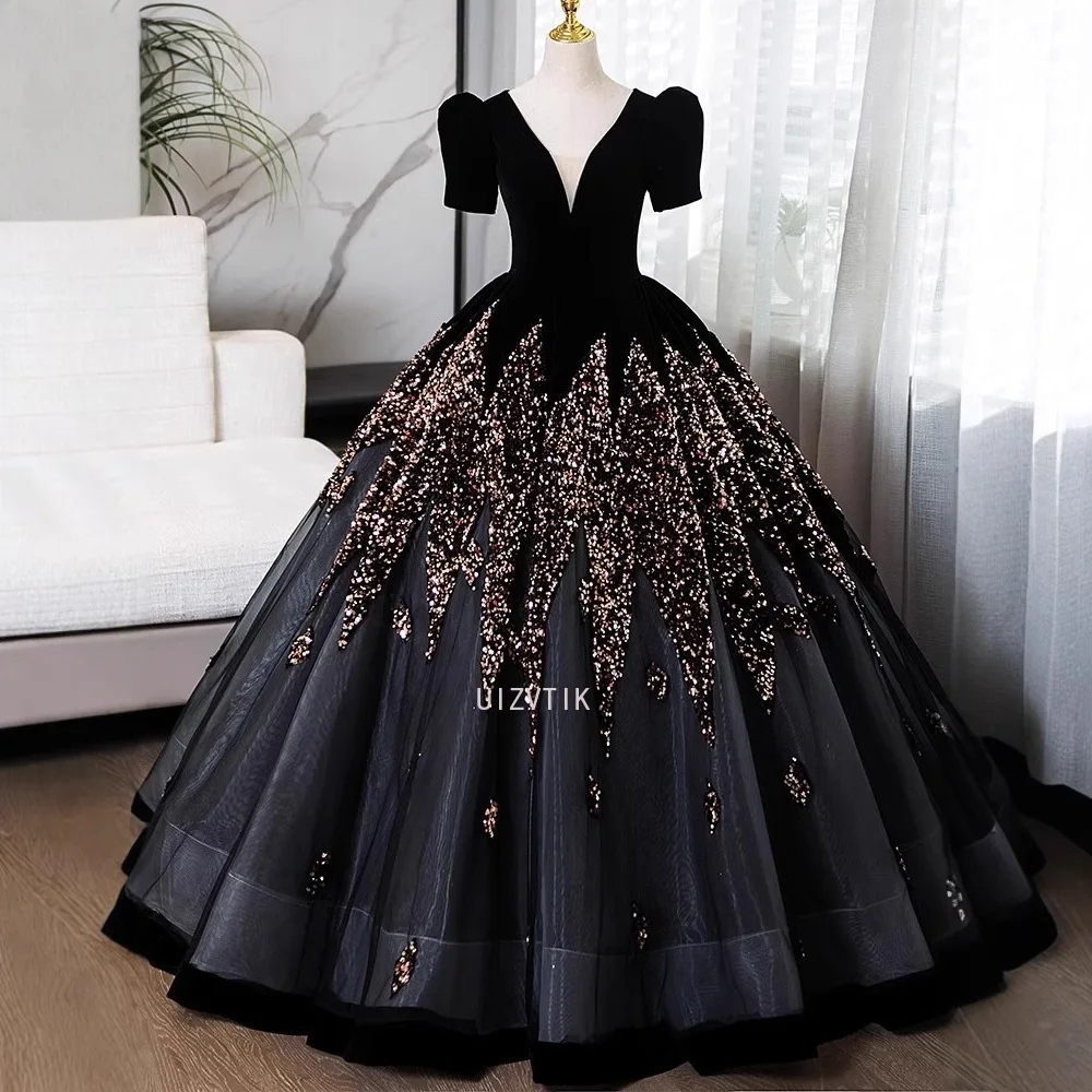 

Black Light Luxury Ball Gown Prom Dresses Women Party Wear Short Sleeves V Neck Shinny Formal Vestidos Para Mujer Customized