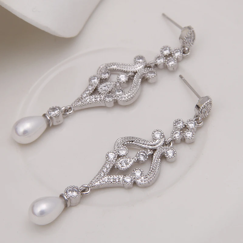 LXOEN Bohimian Cubic Zirconia Drop Earrings For Women Romantic Long Imitation Pearls Pendent Earings Gold Silver color Earring