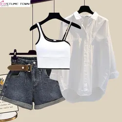 Spring/Summer Versatile Women's Set 2024 New Slim Fit Tank Top Shirt High Waist Denim Shorts Three piece Set Trendy