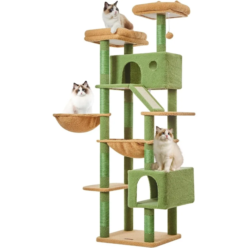 

Large cat tree,plush multi story cat apartment with 8 scratching pillars, 2 habitats, cave,hammock, 2 plush balls, free shipping