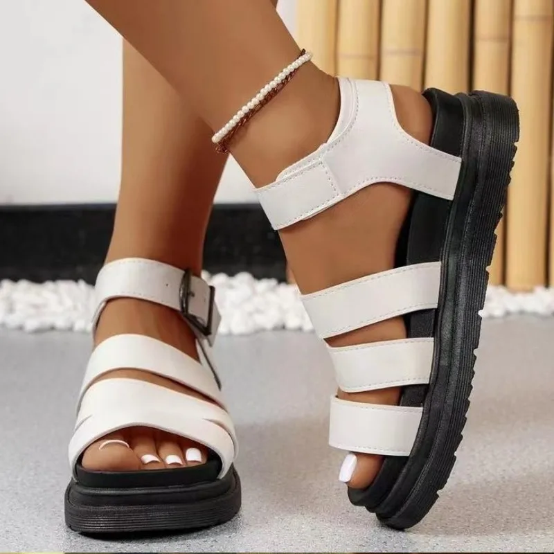 

New Women's Leather Roman Sandals Women's Sandals Summer Thick-soled Sandals Fingerless Metal Buckle Stitching Fashion Shoes