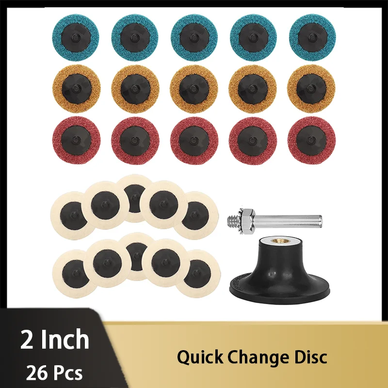 

2 Inch Quick Change Surface Prep Disc 26 Pcs 100% Natural Wool Roll Lock Disc with Fine/Medium/Coarse Nylon Sanding Discs