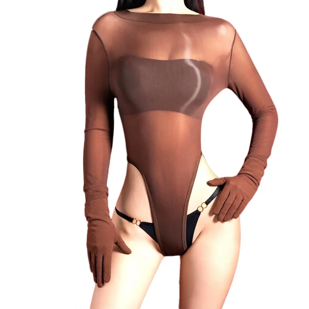 Women Glove Sleeve Open Crotch Bodysuit 5D Thin High Cut Bodysuit Elastic Tights Yoga Shapping Maid Leotard One Pieces Thong