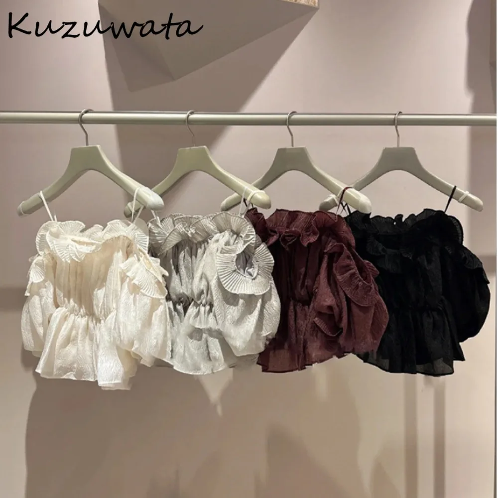 Kuzuwata New Sweet Slash Neck Puff Sleeve Shirt Off Shoulder Mesh Patchwork Ruched Blouses Japan Ruffles All-match Women Blusas