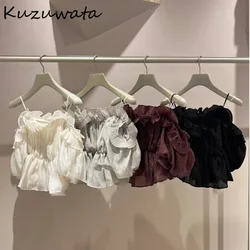 Kuzuwata New Sweet Slash Neck Camicia con maniche a sbuffo con spalle scoperte Mesh Patchwork Camicette increspate Giappone Ruffles All-match Donna Blusas