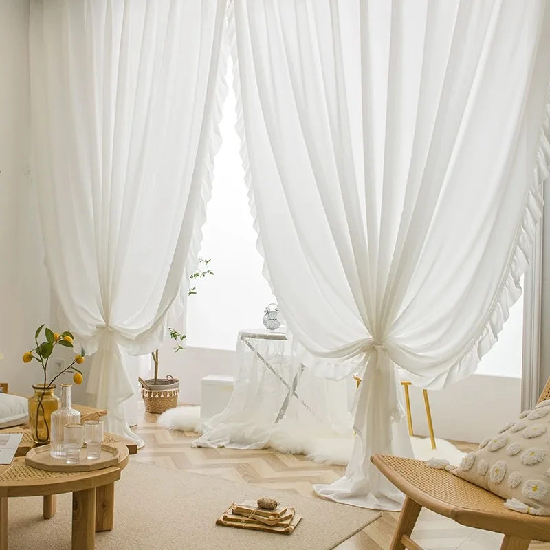 French White Romantic Ruffled Lace Tulle curtain Opaque Solid Color Window Screen For Living Room Bedroom Homestay Decor