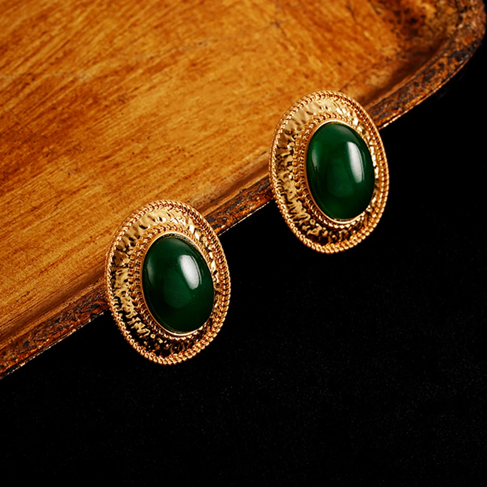 Retro Green Natural Stone Water Drop Stud Earrings for Women Inlay Personalized Girl Accessories Party Jewelry Gift