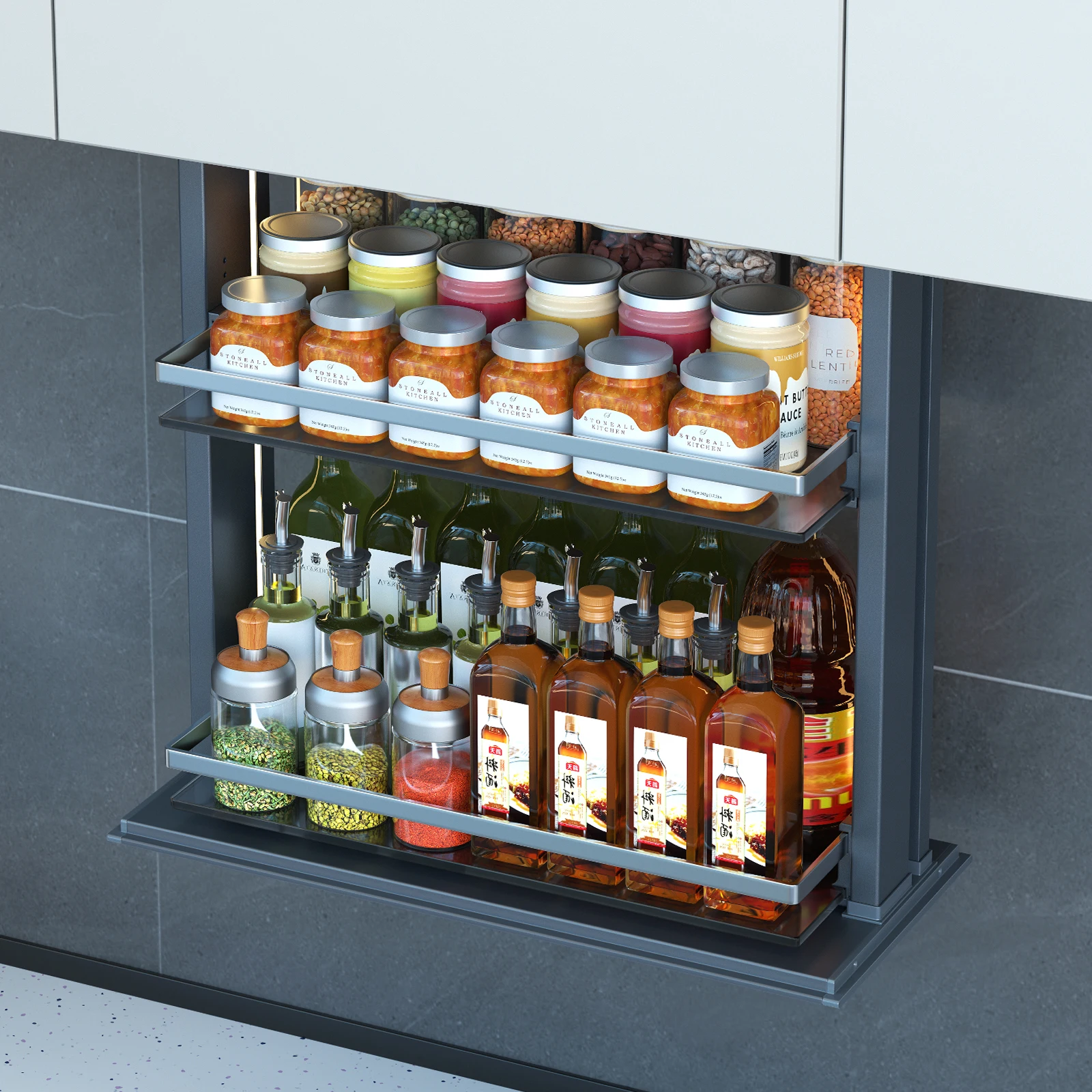 

AngelParticle Smart Pull Down Shelf- Electric Pull Down Shelves for Upper Kitchen Cabinets, Touch Switch Pantry Spice Rack