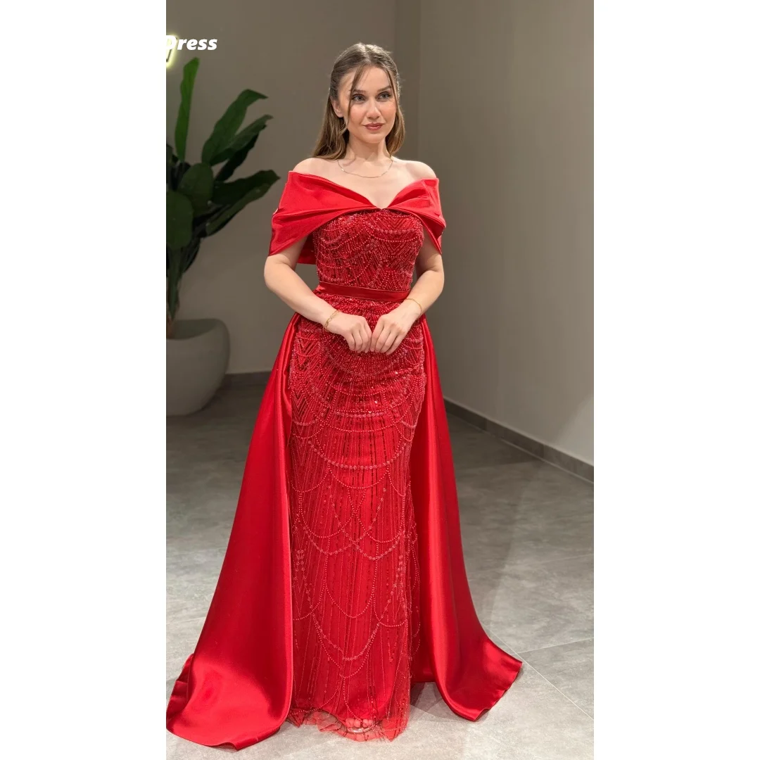 

Lena Elegant Party Dresses for Special Occasions Red Prom Dresses 2025 Luxury Ball Dress Beaded Customized Off Shoulder Evening
