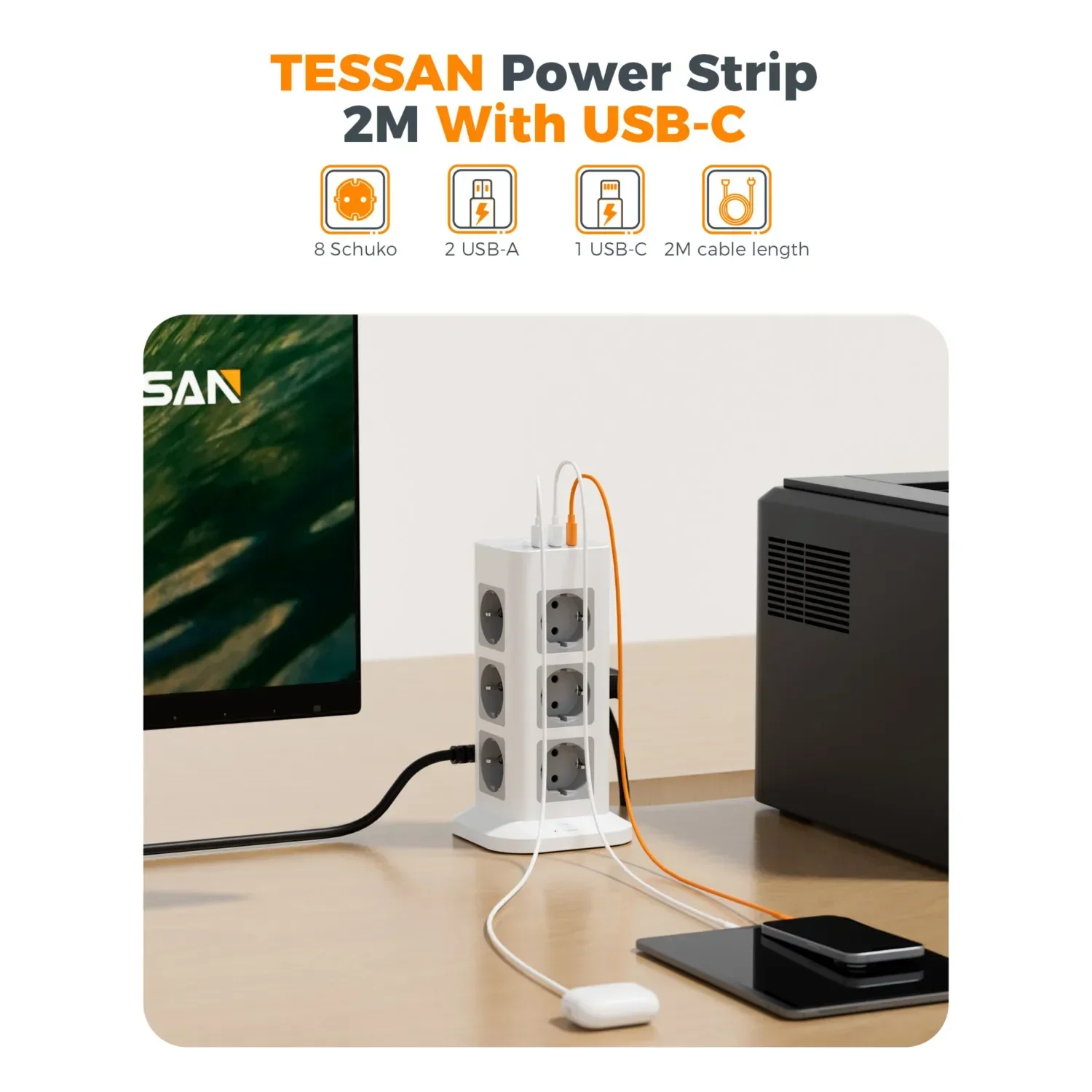 TESSAN Tower Power Strip with Surge Protection Grey Vertical Tower Power Strip with USB 2M Extension Cord EU Plug Tower Socket