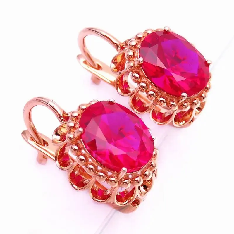 

585 Purple Gold Plated 14K Rose Gold Inlaid Ruby Flower Earrings For Women Elegant Luxury Jewelry Wedding Accessories